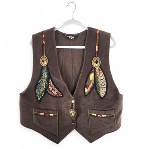 Vintage Coloratura Southwestern Vest Wool Mohair Conchos Feathers Womens Size L